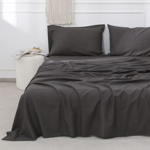 Linen Sheet Set Solid Color - 4 Pieces (1 Flat Sheet, 1 Fitted Sheet & 2 Pillowcases) Natural Flax Cotton Blend Soft Breathable Farmhouse Bedding - Full Size, Dark Grey