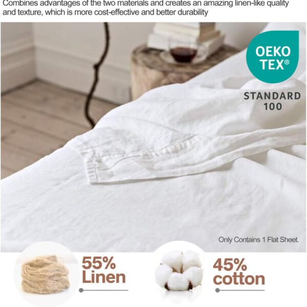 Linen Sheet Flax Flat Sheet Only 55% Euro Linen 45% Cotton Basic Style Solid Color Soft Breathable Farmhouse Top Sheet 1-Piece (King, White)