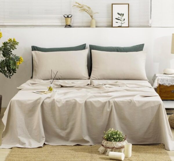 100% Linen Sheets Queen Size, 4-Piece Linen Bed Sheet Set Queen, Breathable & Cooling, Soft & Durable, 16" Deep Pocket, 1 Flat Sheet, 1 Fitted Sheet, 2 Pillowcases (Queen, Natural Linen)