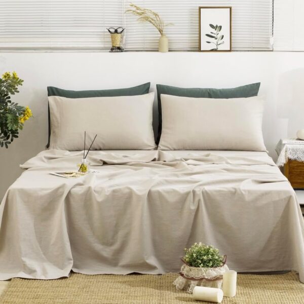 100%  Linen Sheets Queen Size, 4-Piece Linen Bed Sheet Set Queen, Breathable & Cooling, Soft & Durable, 16" Deep Pocket, 1 Flat Sheet, 1 Fitted Sheet, 2 Pillowcases (Queen, Natural Linen)
