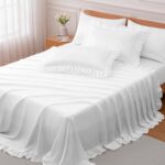 4-Piece Ruffled Satin Sheet Set (Queen Size) — Pure White Satin Bedding with a Silky-Soft Touch; Includes 16-inch Deep Pocket Fitted Sheet, Ruffled Flat Sheet, and 2 Ruffled Pillowcases (20x30 inches)