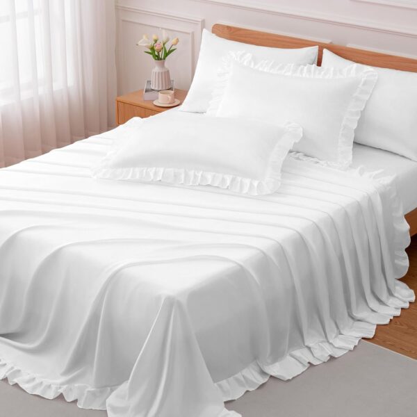 4-Piece Ruffled Satin Sheet Set (Queen Size) — Pure White Satin Bedding with a Silky-Soft Touch; Includes 16-inch Deep Pocket Fitted Sheet, Ruffled Flat Sheet, and 2 Ruffled Pillowcases (20x30 inches)