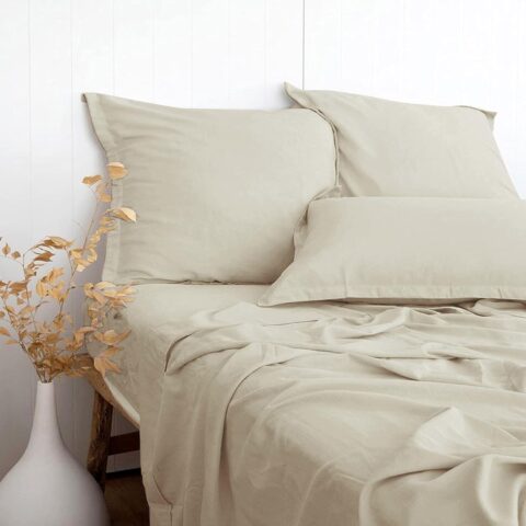 Beige Linen-Textured Bed Sheets Set, Bamboo Rayon, Cotton, Linen Blend Bed Sheets Queen Size, Soft Cool & Breathable for Hot Sleepers,Durable Natural Organic Bed 15'' Deep Pocket - 4 Piece