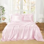 Ruffled Satin Sheet Set (6-Piece) — Full Size — Soft pink bedding set including a 15-inch deep-pocket fitted sheet, a flat sheet, 2 ruffled decorative pillowcases, and 2 standard pillowcases; rivals the texture of real silk.