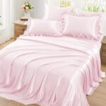 Ruffled Satin Sheet Set (6-Piece) — Full Size — Soft pink bedding set including a 15-inch deep-pocket fitted sheet, a flat sheet, 2 ruffled decorative pillowcases, and 2 standard pillowcases; rivals the texture of real silk.