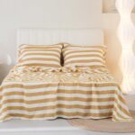 100% Organic Linen Sheets Set Queen Size 4pcs,Yellow Stripe Yarn Dyed Pattern Farmhouse Bedding Set, Natural Stone Washed Flax Bed Sheets