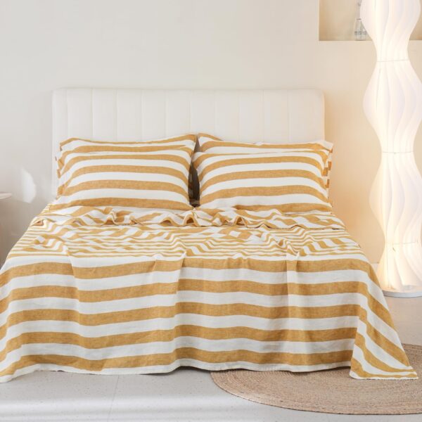 100% Organic Linen Sheets Set Queen Size 4pcs,Yellow Stripe Yarn Dyed Pattern Farmhouse Bedding Set, Natural Stone Washed Flax Bed Sheets