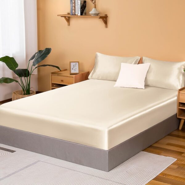 Satin Fitted Sheet, Queen size only, single silky fitted sheet, soft deep pocket fitted sheet, wrinkle-resistant, fade-resistant, and breathable fitted sheet - light khaki