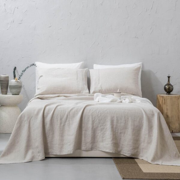 100% Washed  Linen Sheet Set-Queen Size-Natural Linen-4 Pieces (1 Flat Sheet, 1 Fitted Sheet & 2 Pillowcases), 16" Deep Pocket, Breathable,Ultra Soft and Durable