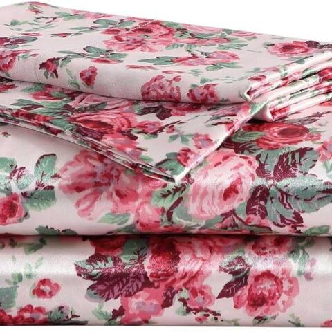 Sheet Set: Sateen Bedding Ensemble (Includes Matching Pillowcases); Wrinkle-Resistant and Fade-Resistant; Silky-Smooth Touch; Beneficial for Hair Health (Vintage Pink Floral Pattern)