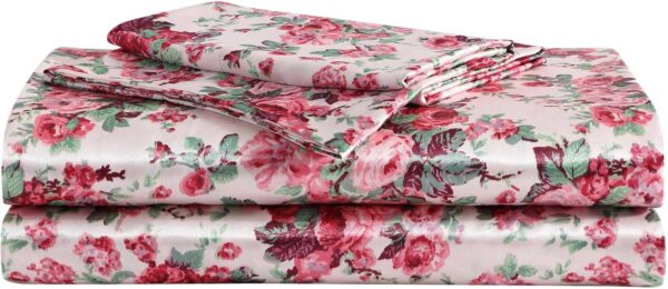 Sheet Set: Sateen Bedding Ensemble (Includes Matching Pillowcases); Wrinkle-Resistant and Fade-Resistant; Silky-Smooth Touch; Beneficial for Hair Health (Vintage Pink Floral Pattern)