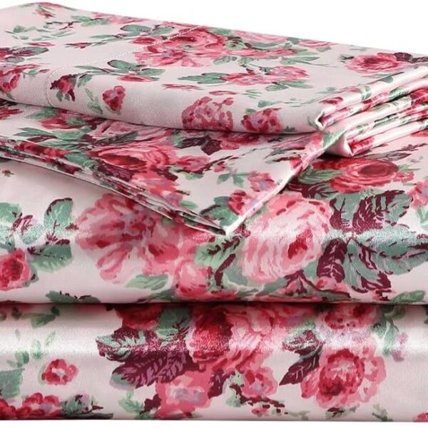 Sheet Set: Sateen Bedding Ensemble (Includes Matching Pillowcases); Wrinkle-Resistant and Fade-Resistant; Silky-Smooth Touch; Beneficial for Hair Health (Vintage Pink Floral Pattern)