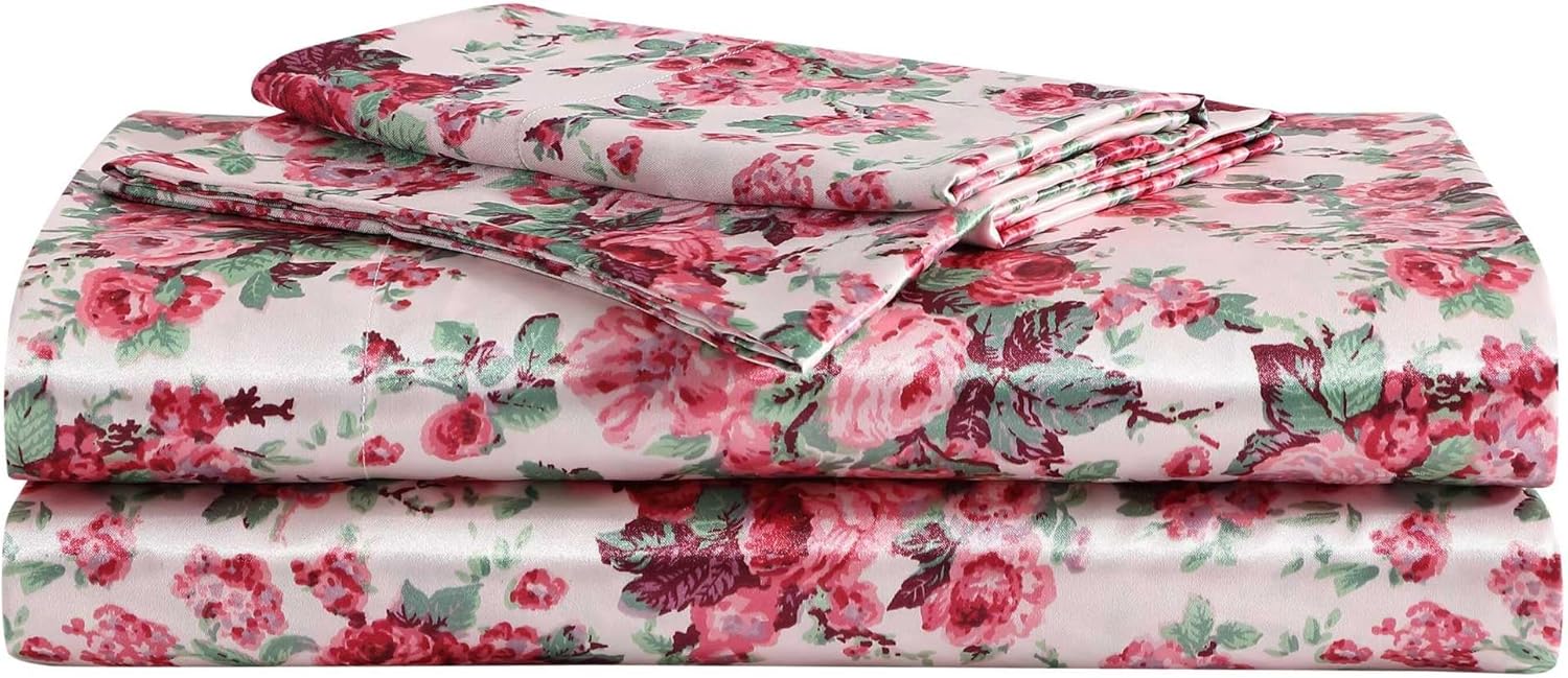 Sheet Set: Sateen Bedding Ensemble (Includes Matching Pillowcases); Wrinkle-Resistant and Fade-Resistant; Silky-Smooth Touch; Beneficial for Hair Health (Vintage Pink Floral Pattern)