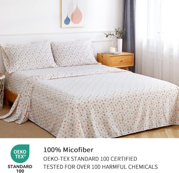 Queen Size 4-Piece Sheet Set: Small Floral Pattern Sheets with 17-Inch Deep Pocket Corners; Soft, Luxurious Feel with Cooling Properties; Easy Care; Ivory White