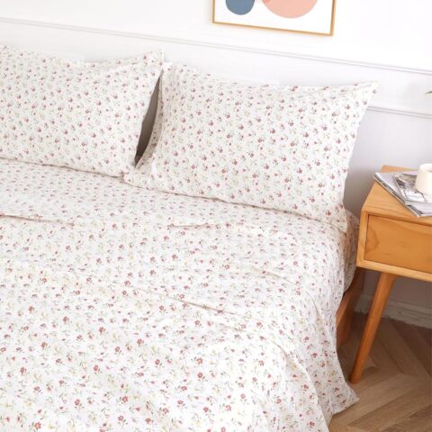 Queen Size 4-Piece Sheet Set: Small Floral Pattern Sheets with 17-Inch Deep Pocket Corners; Soft, Luxurious Feel with Cooling Properties; Easy Care; Ivory White