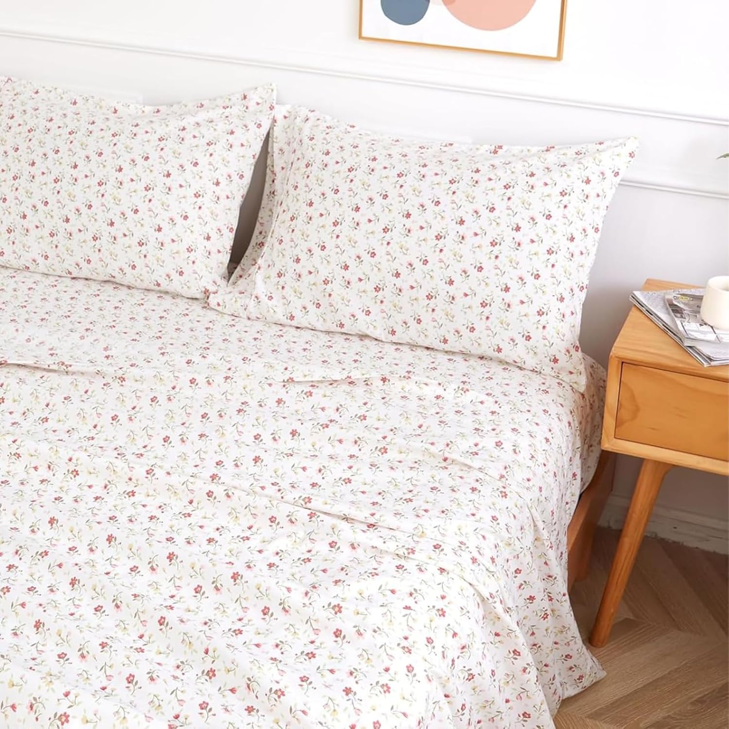 Queen Size 4-Piece Sheet Set: Small Floral Pattern Sheets with 17-Inch Deep Pocket Corners; Soft, Luxurious Feel with Cooling Properties; Easy Care; Ivory White