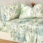 Sheet Set: Luxurious Sage Green Floral Bedding; 100% Pure Cotton Sateen Weave; Soft, Silky, and Breathable (Ideal for Hot Sleepers); American Country-Style Vintage Floral Design; 17.5-Inch Deep Pocket 4-Piece Bedding Set