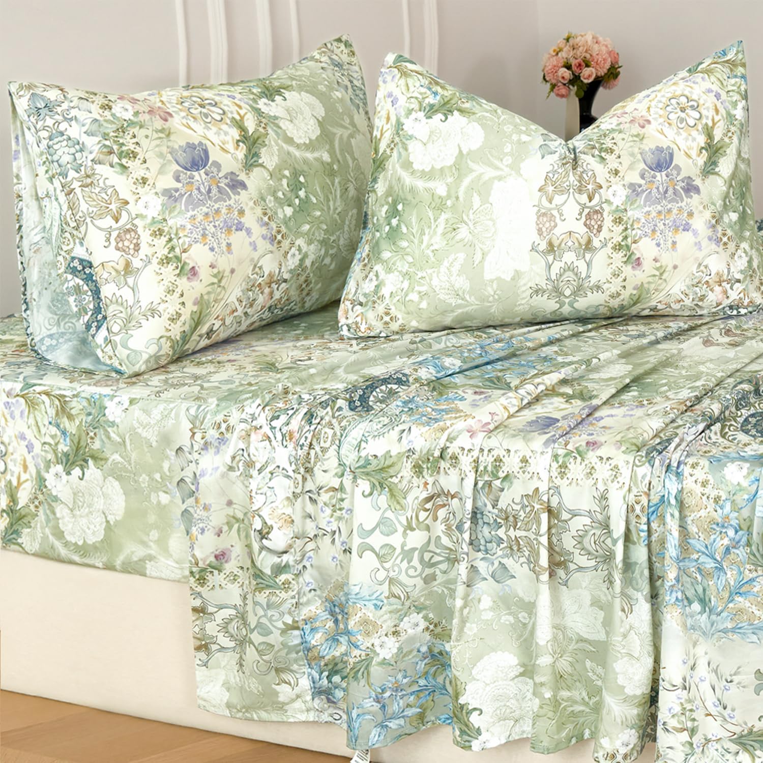 Sheet Set: Luxurious Sage Green Floral Bedding; 100% Pure Cotton Sateen Weave; Soft, Silky, and Breathable (Ideal for Hot Sleepers); American Country-Style Vintage Floral Design; 17.5-Inch Deep Pocket 4-Piece Bedding Set
