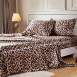 Satin Sheet Set with Elastic Corner Straps | Queen Size 4-Piece Set | Silky Bedding Collection | Fits Mattresses 15 Inches Deep — Queen Size, Brown Leopard Print