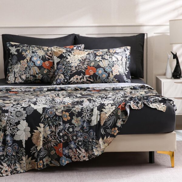 Floral Pattern Queen Size 6-Piece Bedding Set | Breathable Microfiber Deep Pocket Black Fitted Sheet | Comfortable & Breathable Printed Flat Sheet | Includes 4 Pillowcases Soft Pillowcase — "Midnight Bloom" Collection