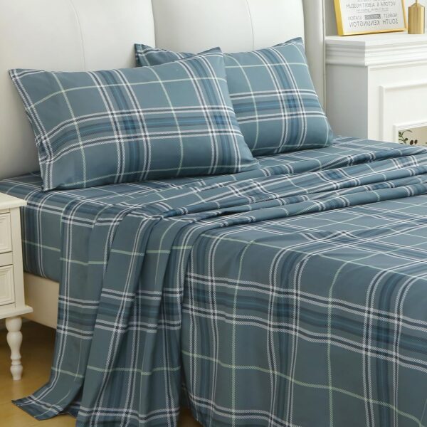 Queen size four-piece sheet set, soft and breathable, deep pocket design, up to 16 inches, wrinkle-free and cool sheets, includes sheet, fitted sheet and pillowcase - dusty green plaid pattern