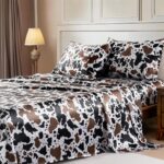 Satin Sheet Set with Elastic Corner Straps | Queen Size 4-Piece Set | Silky Bedding Collection | Fits Mattresses 15 Inches Deep — Queen Size, Cow Print