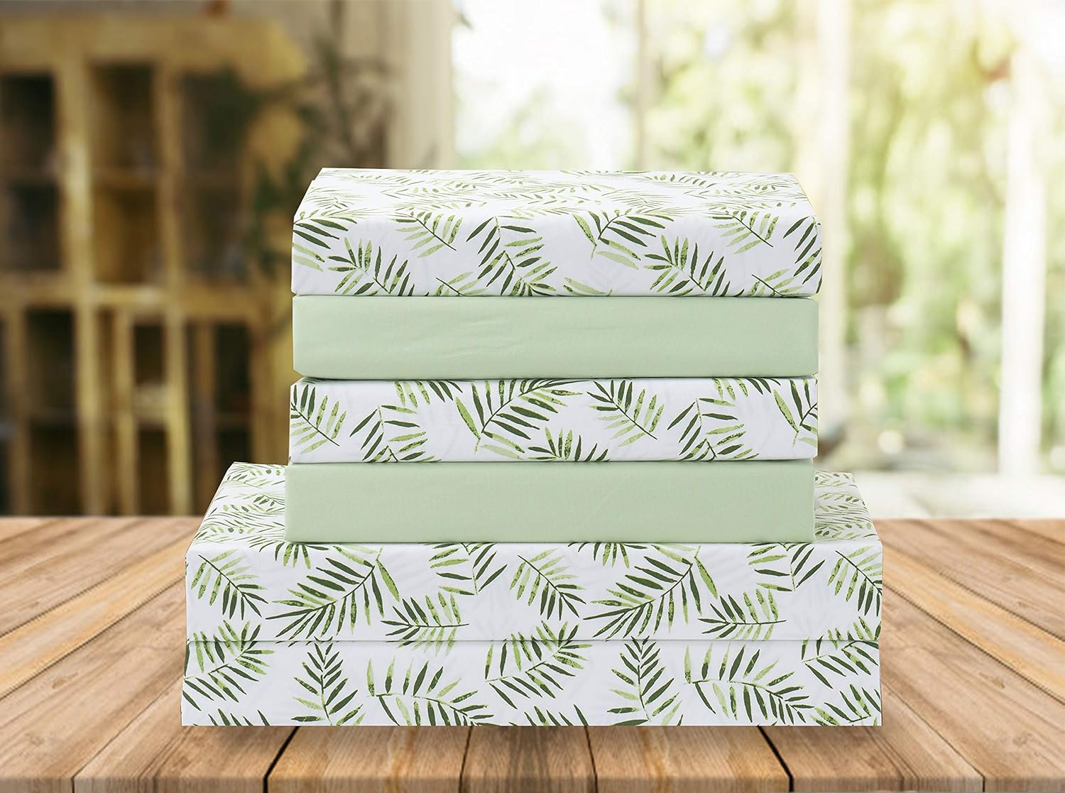 Luxurious Soft Sheet Set (Palm Leaf Pattern): Crafted from 1500-Thread Count Premium Hotel-Grade Microfiber; Ultra-Soft Touch; Wrinkle-Resistant and Fade-Resistant (6-Piece Set); Queen Size; Palm Leaf Design