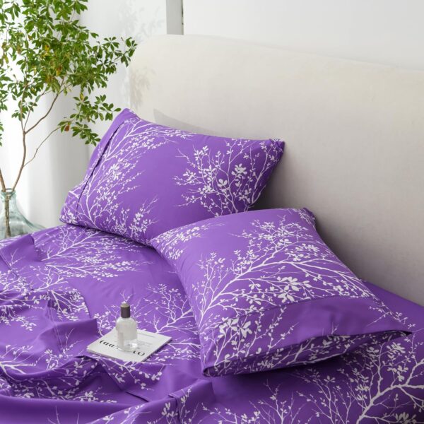 Home extra-large sheet set - pure microfiber four-piece polyester sheet, fitted sheet and pillowcases - extra-large sheets suitable for all seasons (leaf purple/white, extra-large)